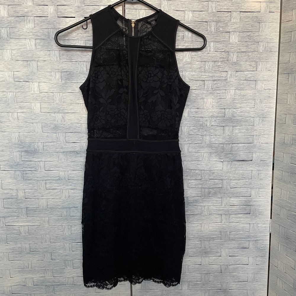 Guess Women XXS Bodycon Dress Black Lace Mesh High Neck‎ Party